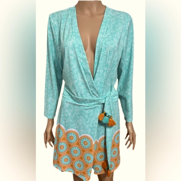 Cabana Life Women’s Wrap Romper L Blue Orange Long Sleeve Tassel Tie Boho Resort - Picture 4 of 10